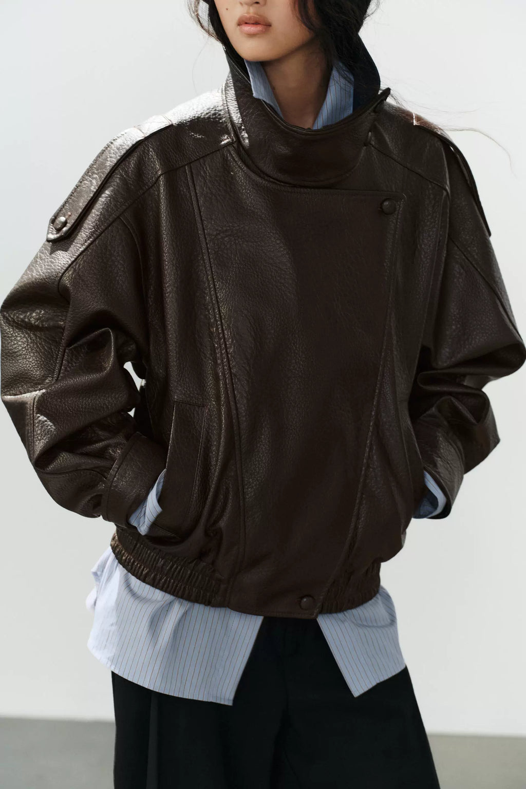 Asymmetric Snap-Up Leather Fencing Jacket
