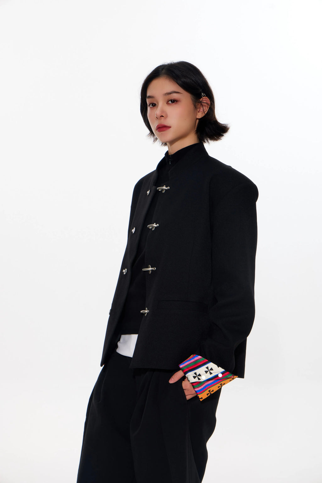 Mandarin-Collar Metal-Clasp Jacket with Contrast Cuffs