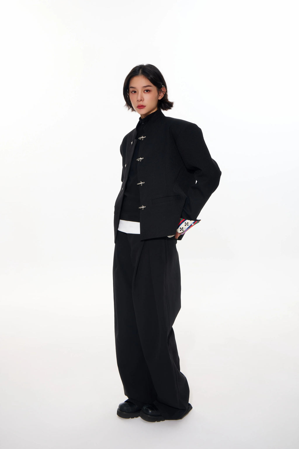 Mandarin-Collar Metal-Clasp Jacket with Contrast Cuffs