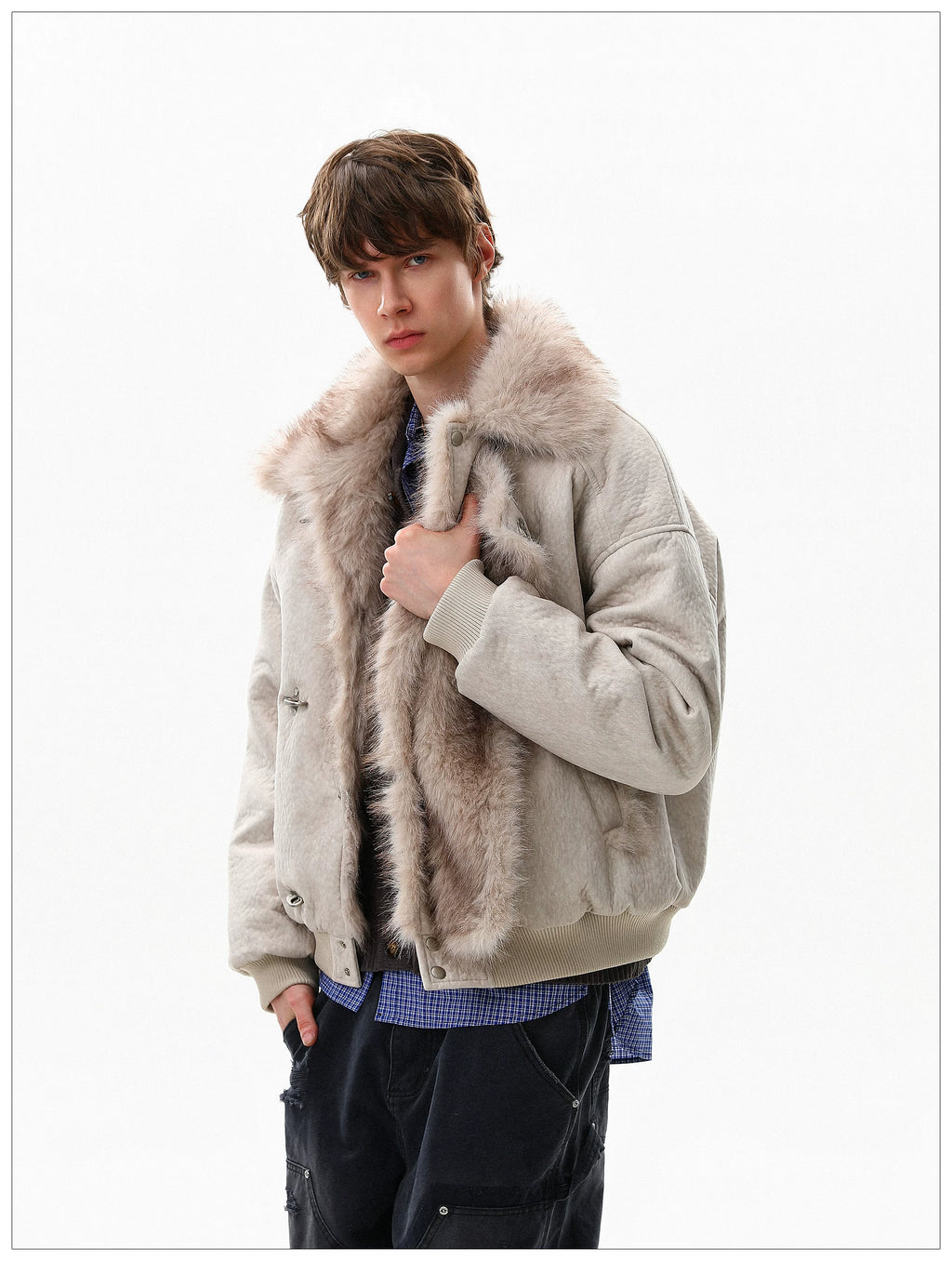 Gothic Fur-Lined Fireman Buckle Bomber Jacket