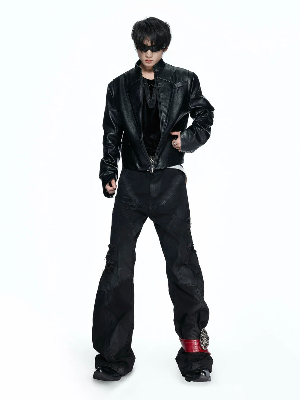 Embroidered Leather Band-Collar Biker Jacket