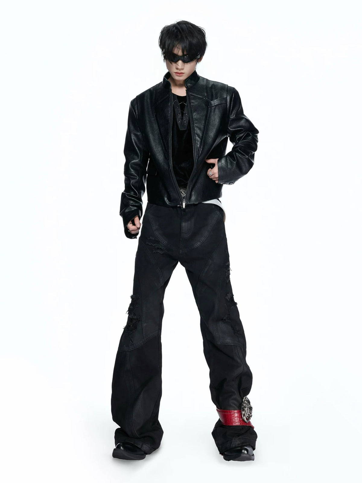 Embroidered Leather Band-Collar Biker Jacket