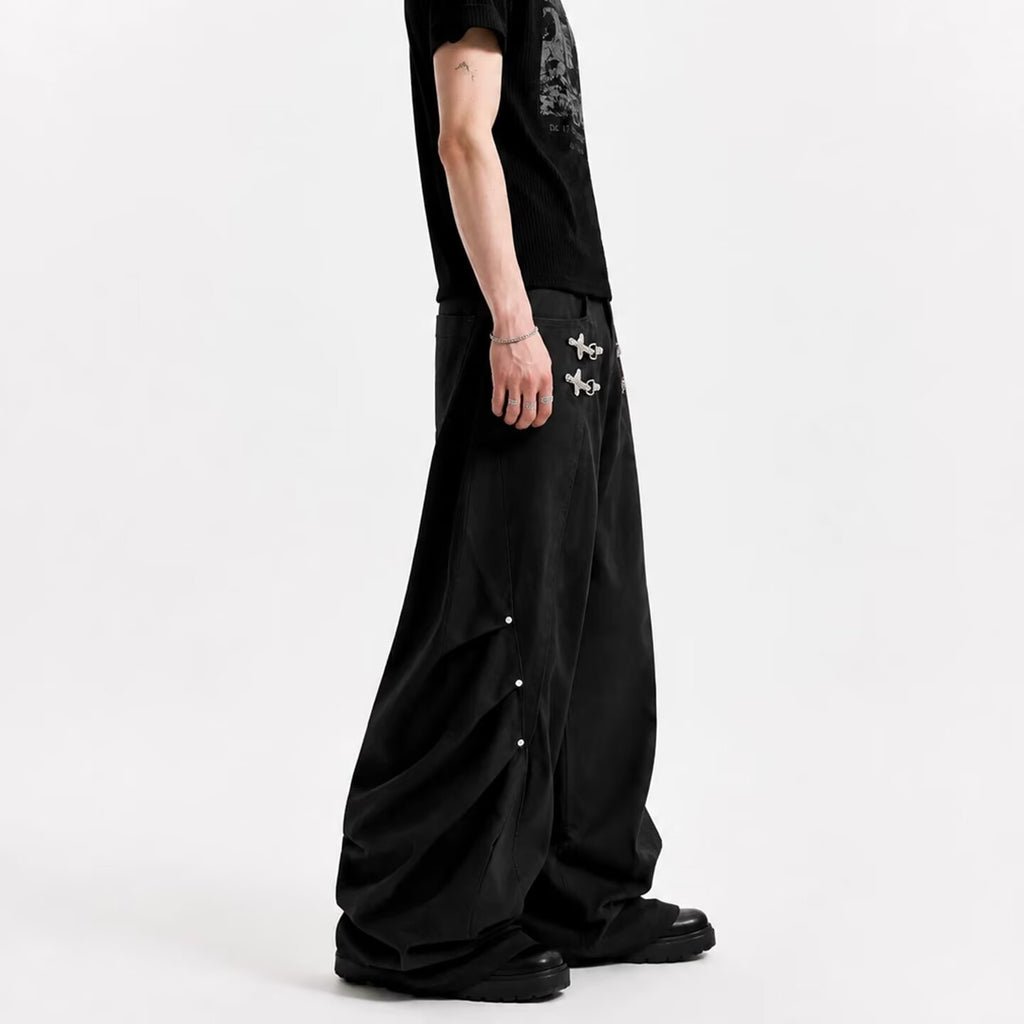 Dual Fireman Clip Riveted Pleated Wide-Leg Trousers