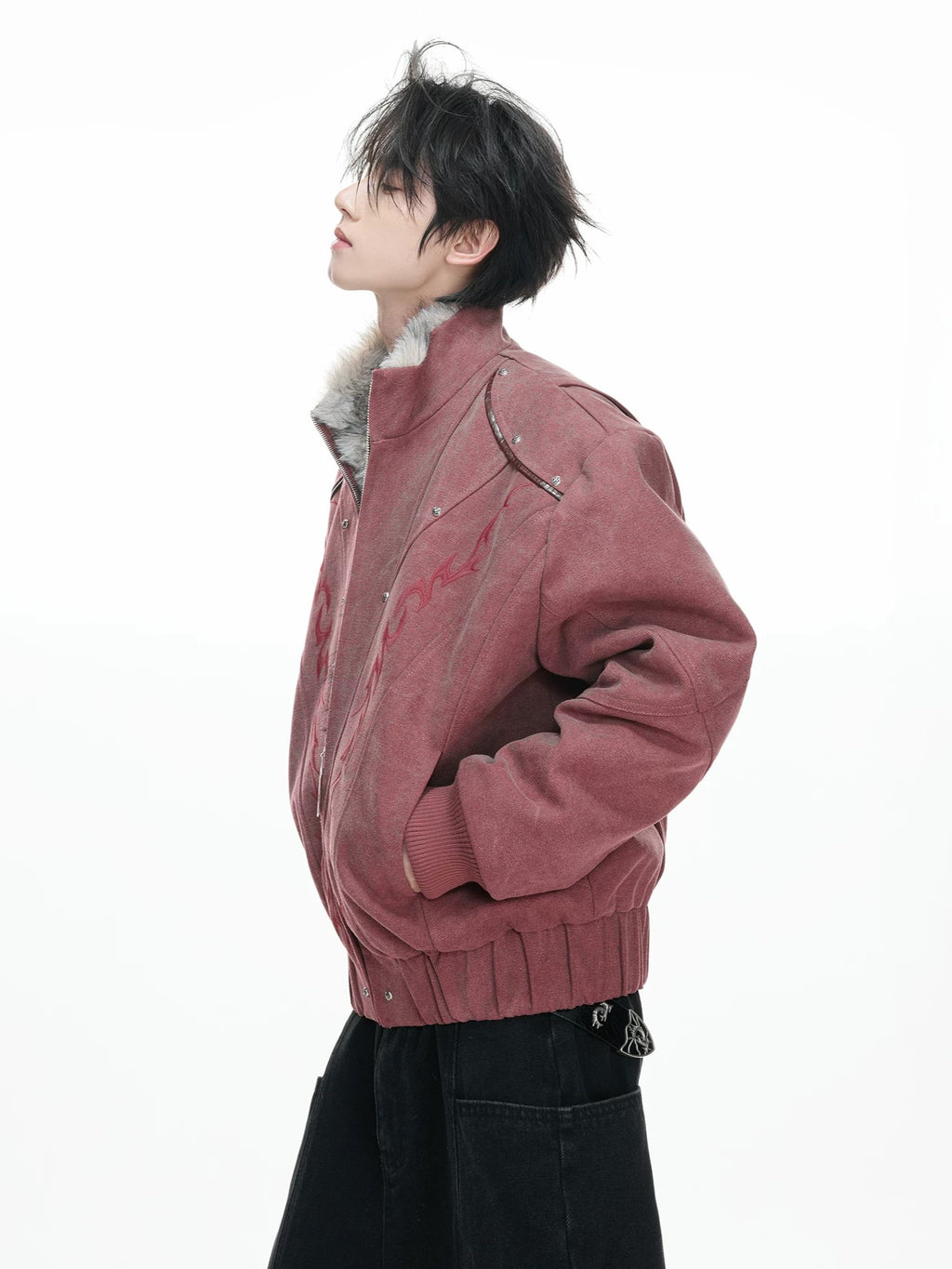 Faux-Fur Collar Tribal Embroidered Zip Jacket