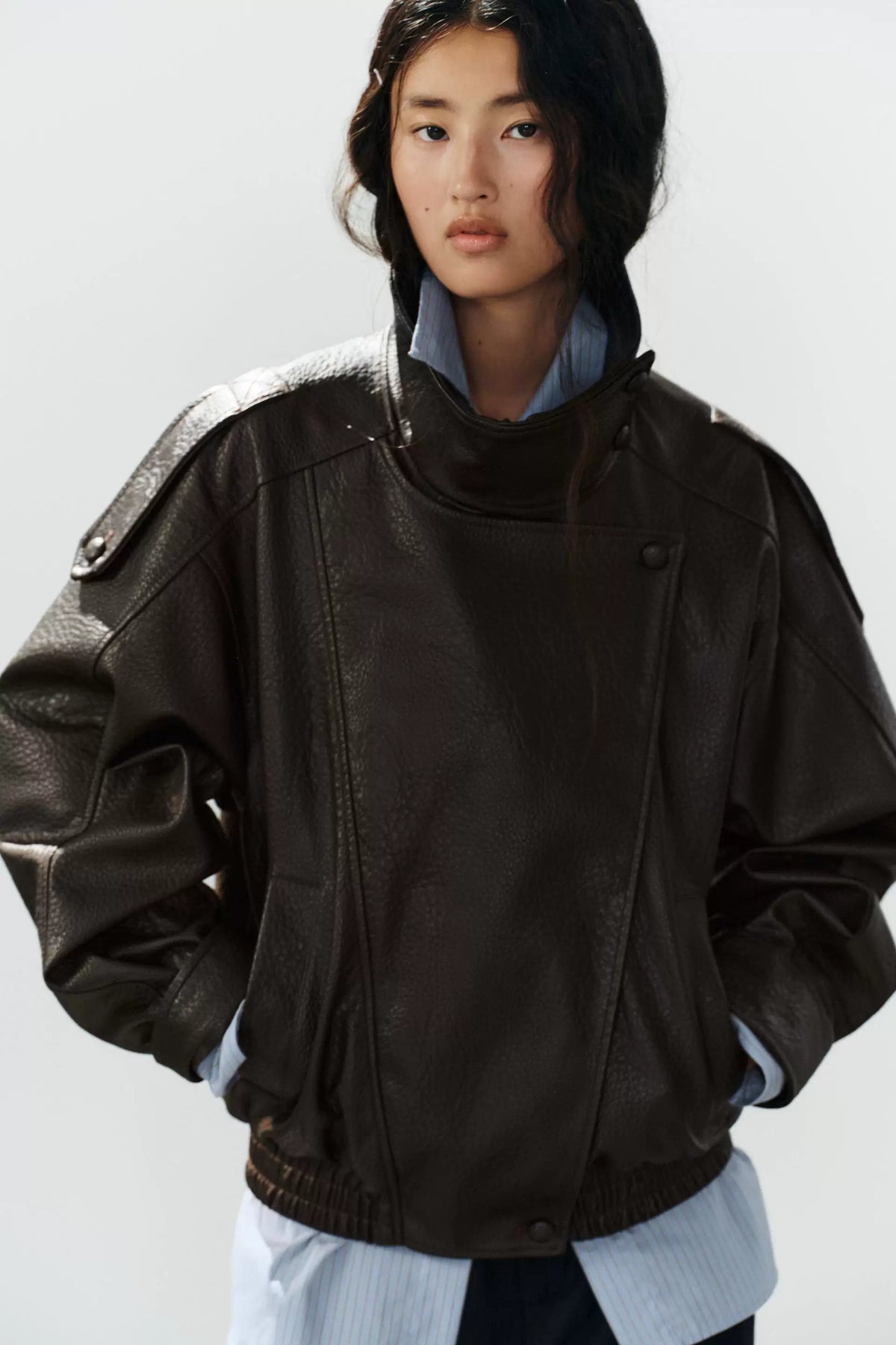 Asymmetric Snap-Up Leather Fencing Jacket