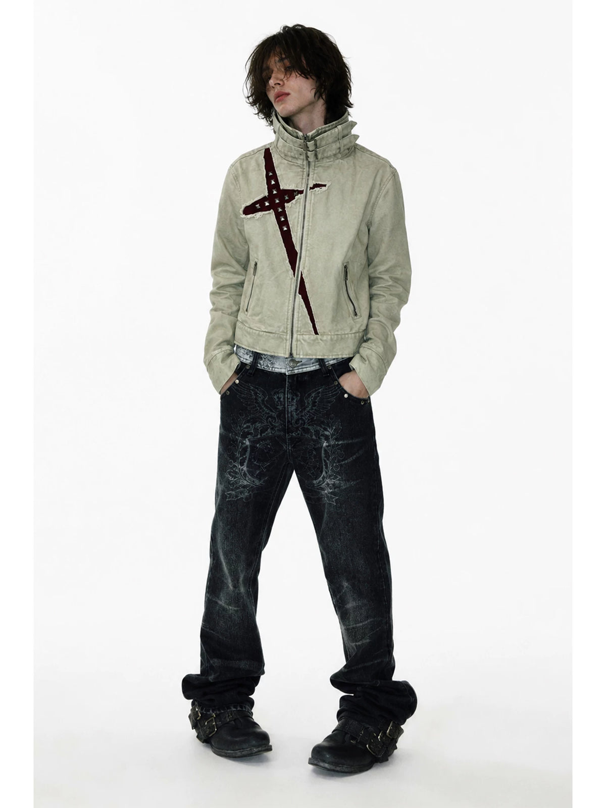 Y2K Gothic Buckled Funnel-Neck Studded Slash Jacket
