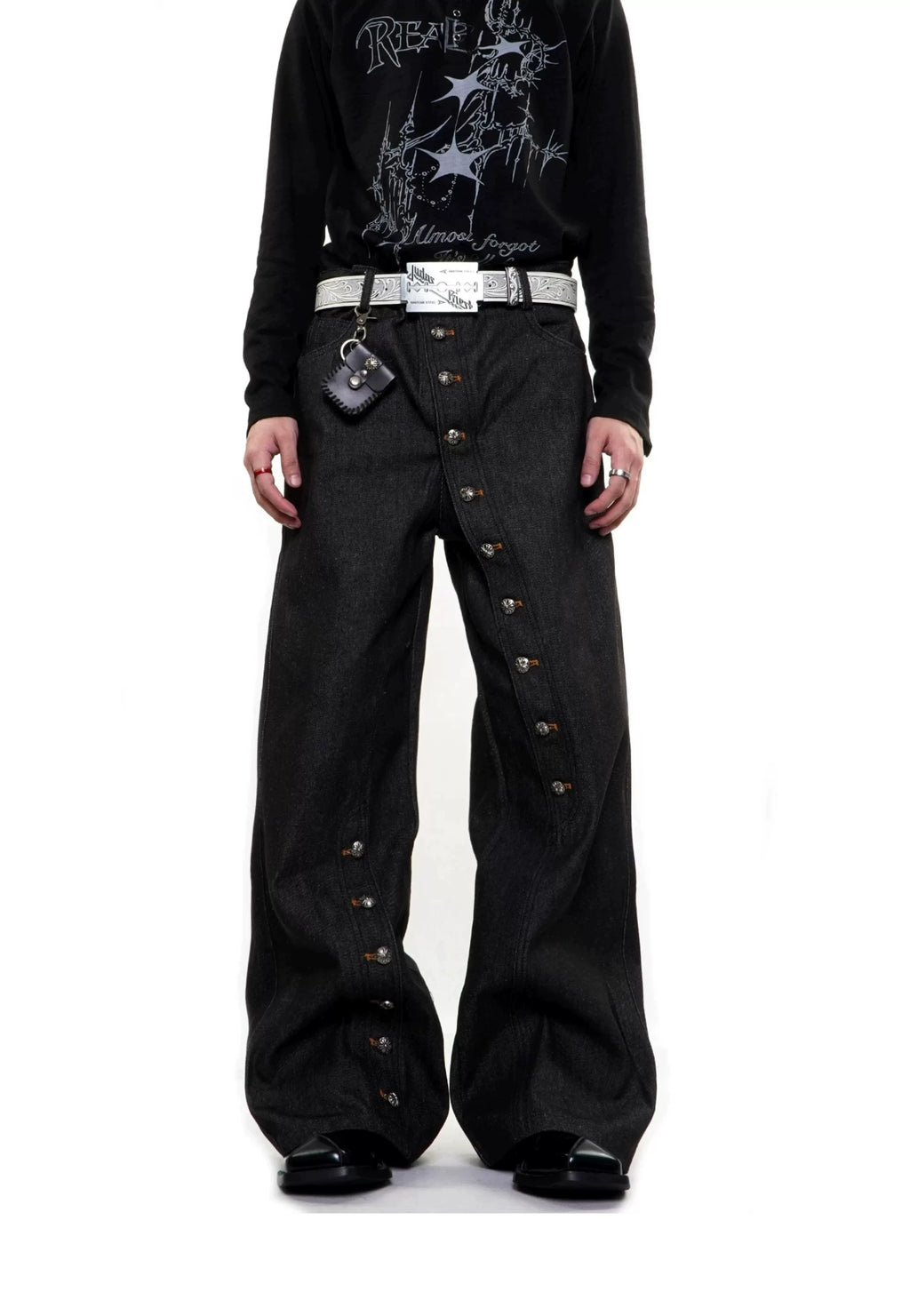 Diagonal Button-Closure Wide-Leg Jeans