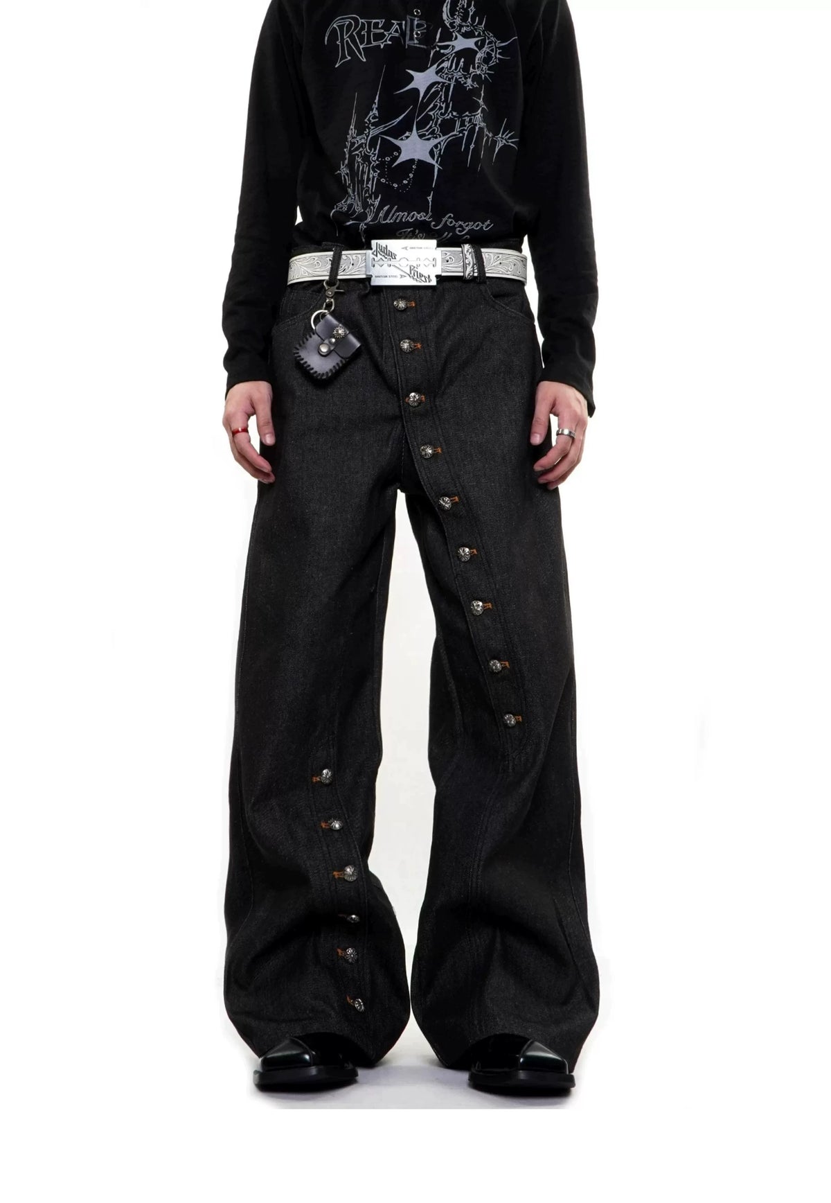 Diagonal Button-Closure Wide-Leg Jeans
