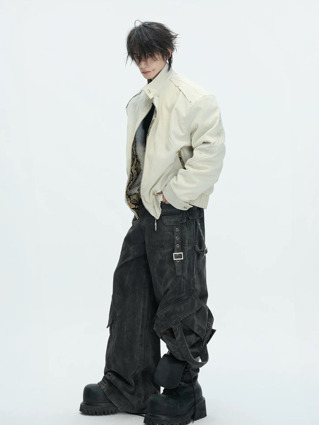 Detachable Fur-Collar Studded Utility Bomber Jacket