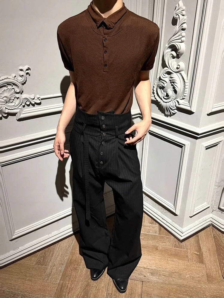 Embroidered Fold-Over Lapel Pinstripe Wide-Leg Trousers
