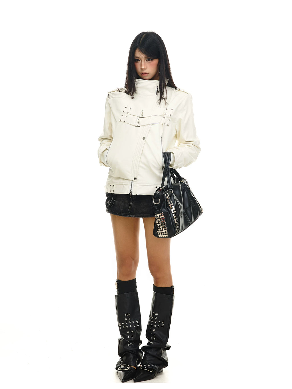 Gothic Industrial Buckled-Placket Leather Biker Jacket