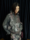Lace-Applique Asymmetric Flap Leather Biker Jacket