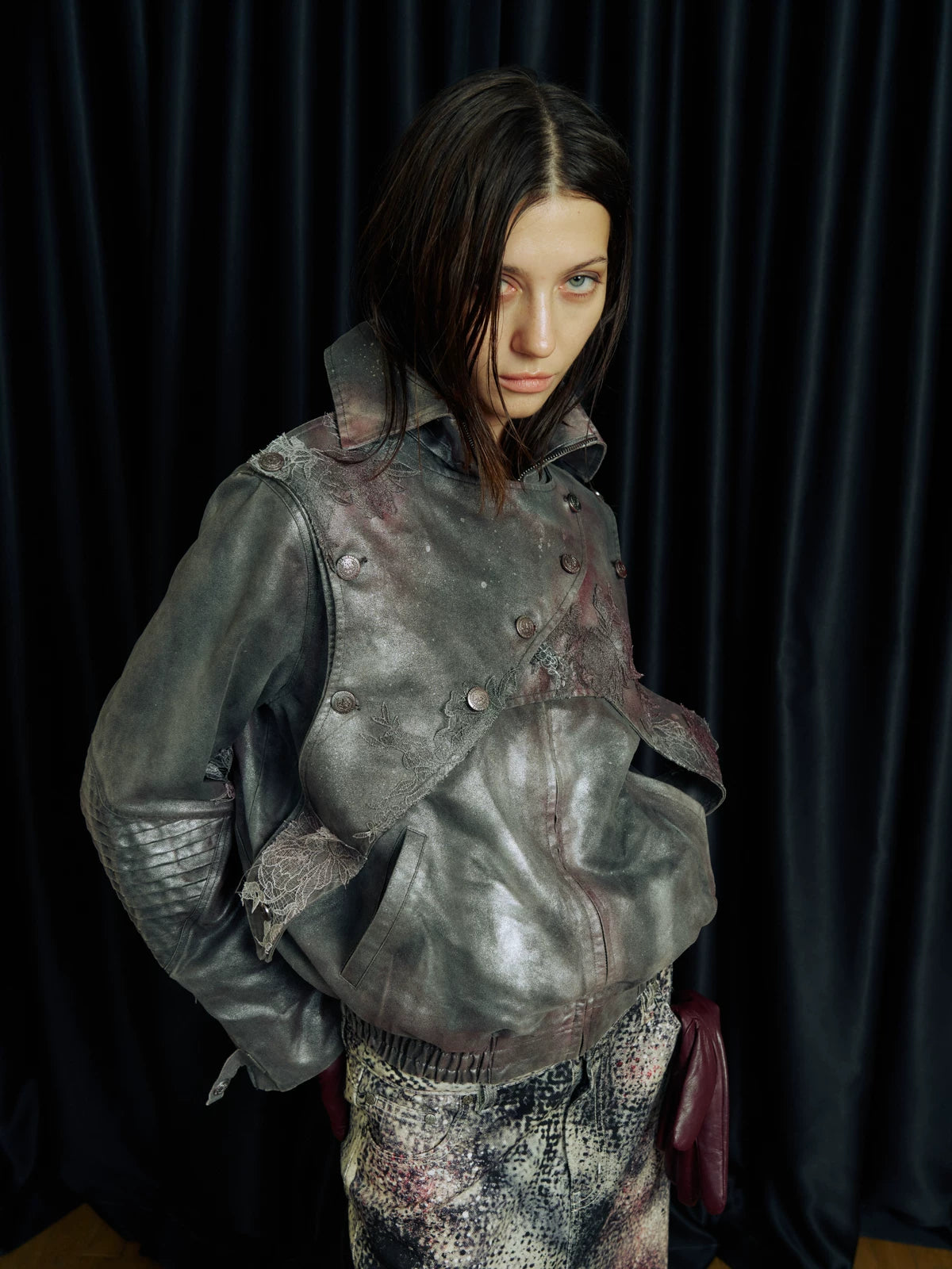 Lace-Applique Asymmetric Flap Leather Biker Jacket
