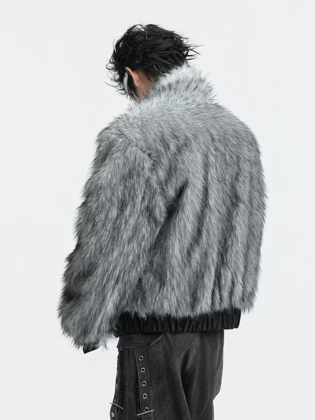 Gothic High-Neck Studded Faux-Leather Fur Jacket