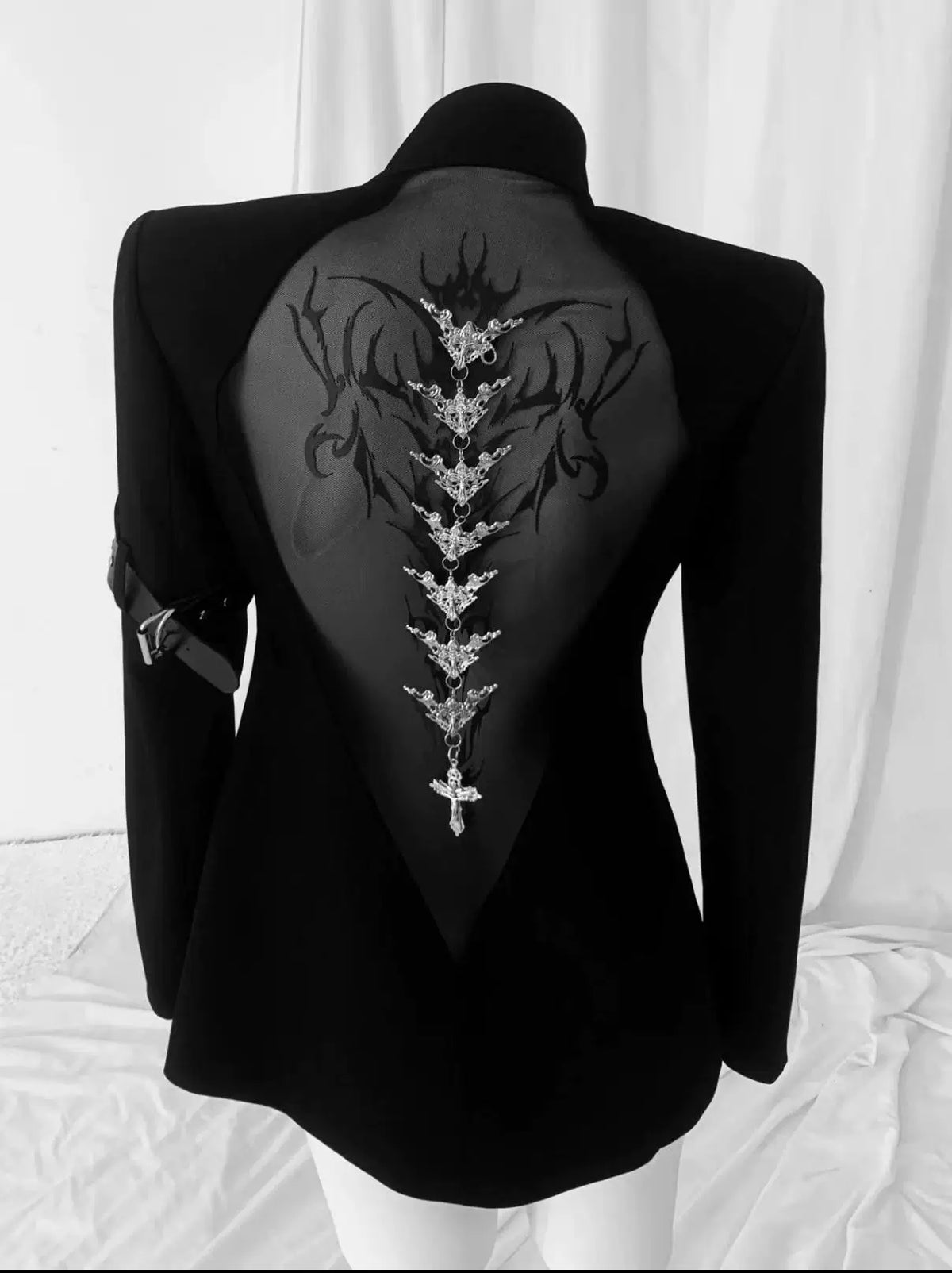 Gothic Cyber-Sigilism Back-Mesh Buckled Blazer