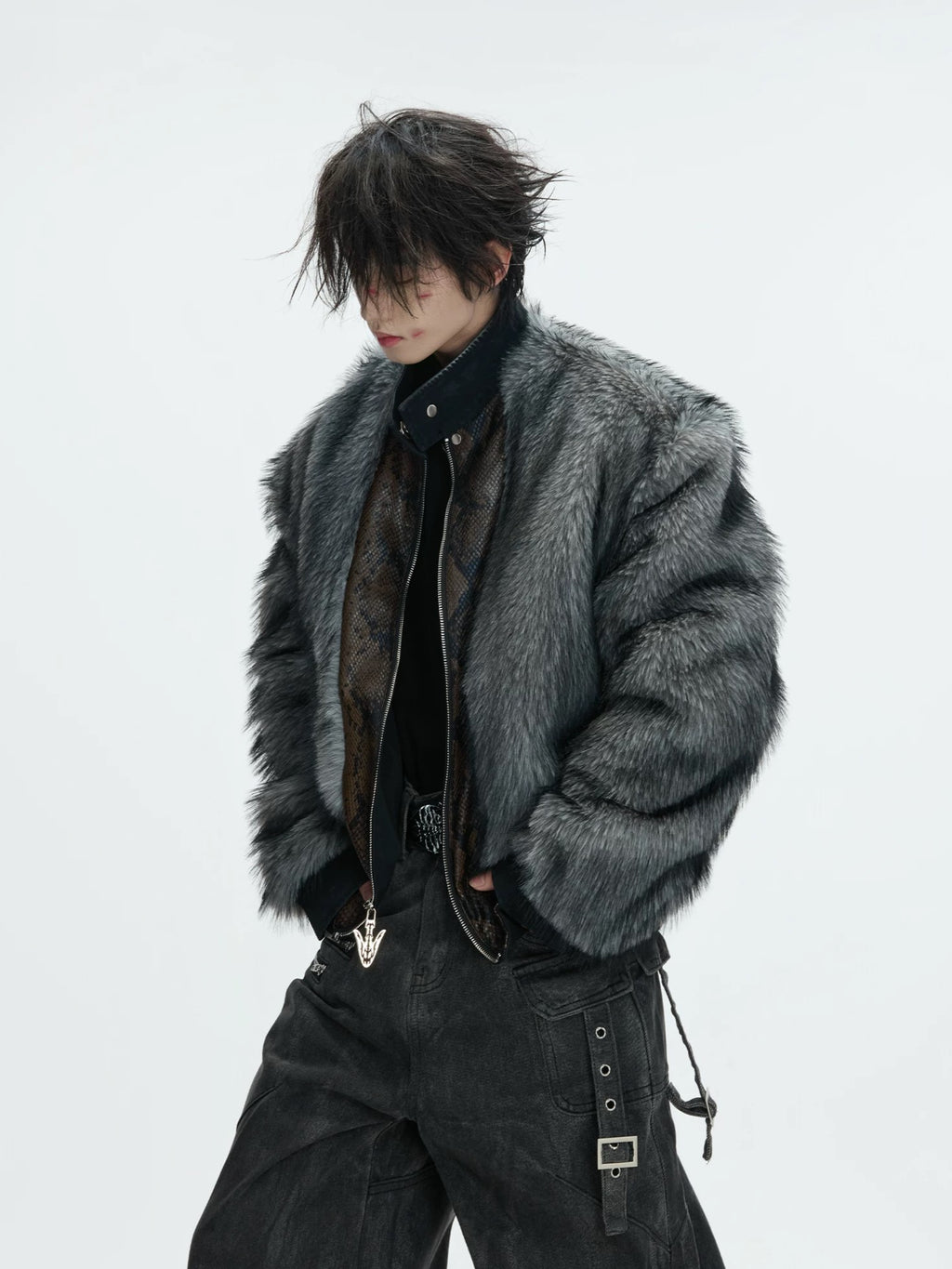 Detachable Fur-Collar Studded Utility Bomber Jacket