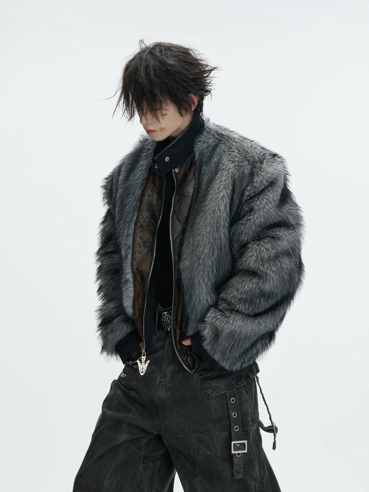 Detachable Fur-Collar Studded Utility Bomber Jacket