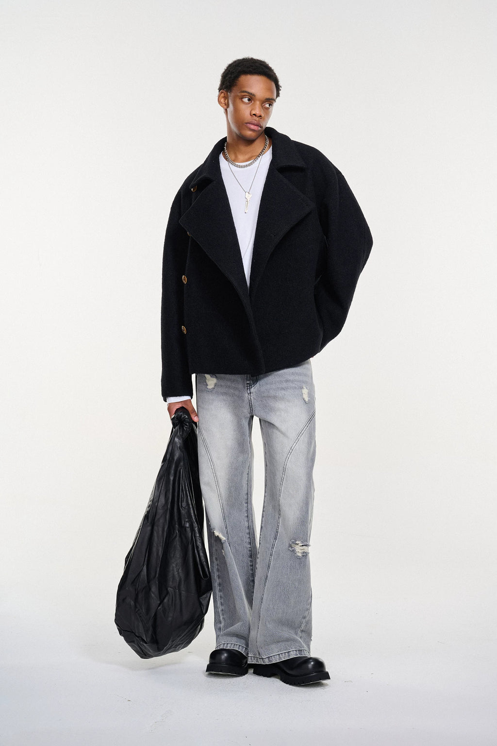 Short Wool-Blend Asymmetric Buttoned Coat