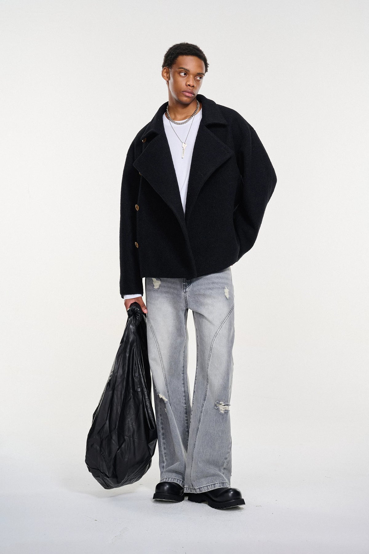 Short Wool-Blend Asymmetric Buttoned Coat