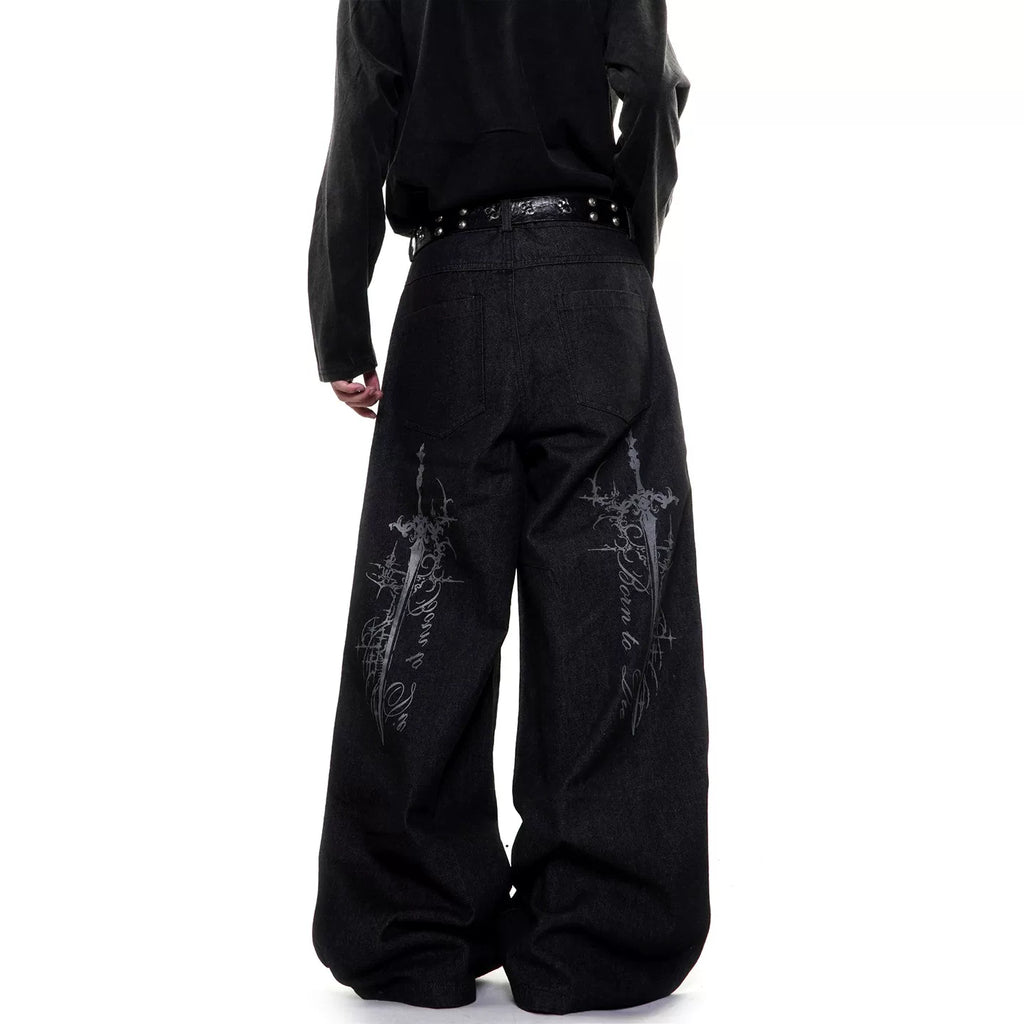 Gothic Cross Wide-Leg Jeans