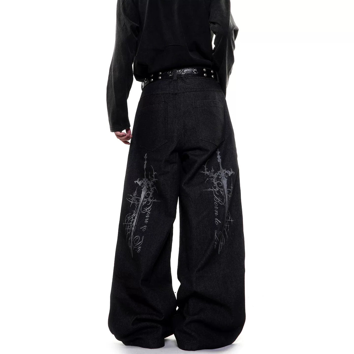 Gothic Cross Wide-Leg Jeans