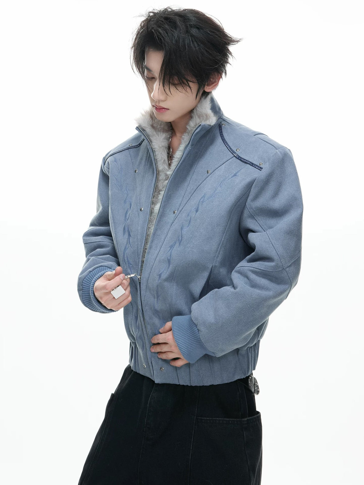 Faux-Fur Collar Tribal Embroidered Zip Jacket