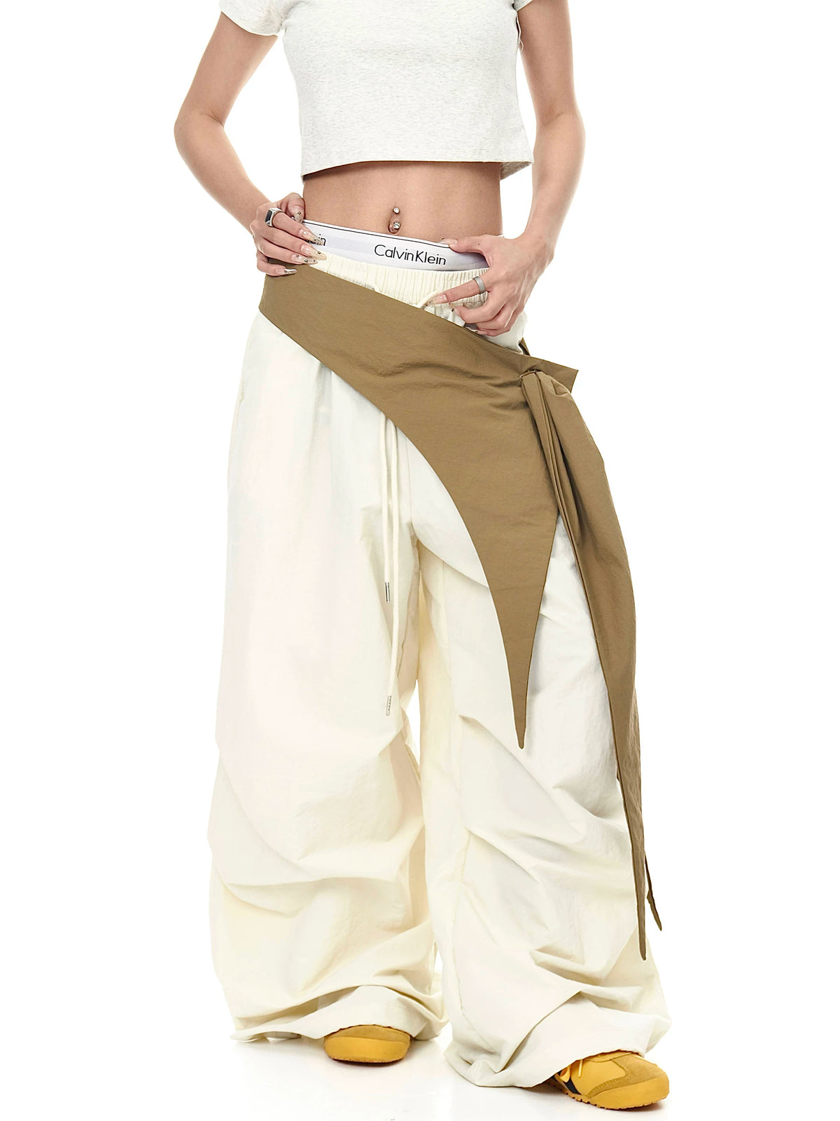 Asymmetric Tie-Waist Contrast-Overlay Trousers