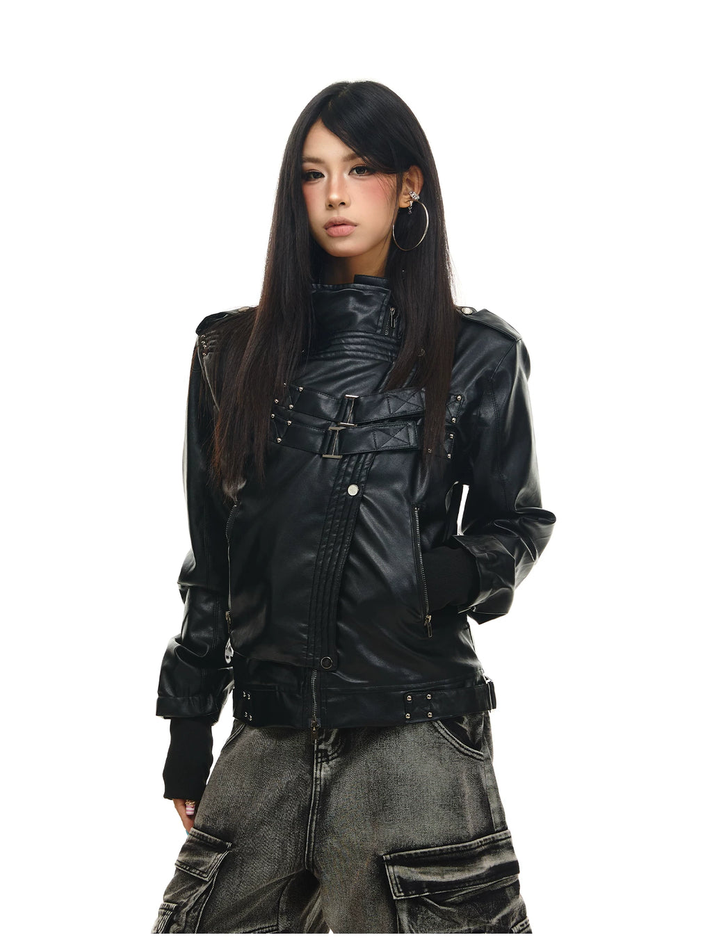 Gothic Industrial Buckled-Placket Leather Biker Jacket