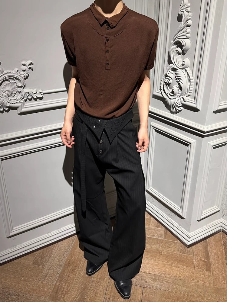 Embroidered Fold-Over Lapel Pinstripe Wide-Leg Trousers