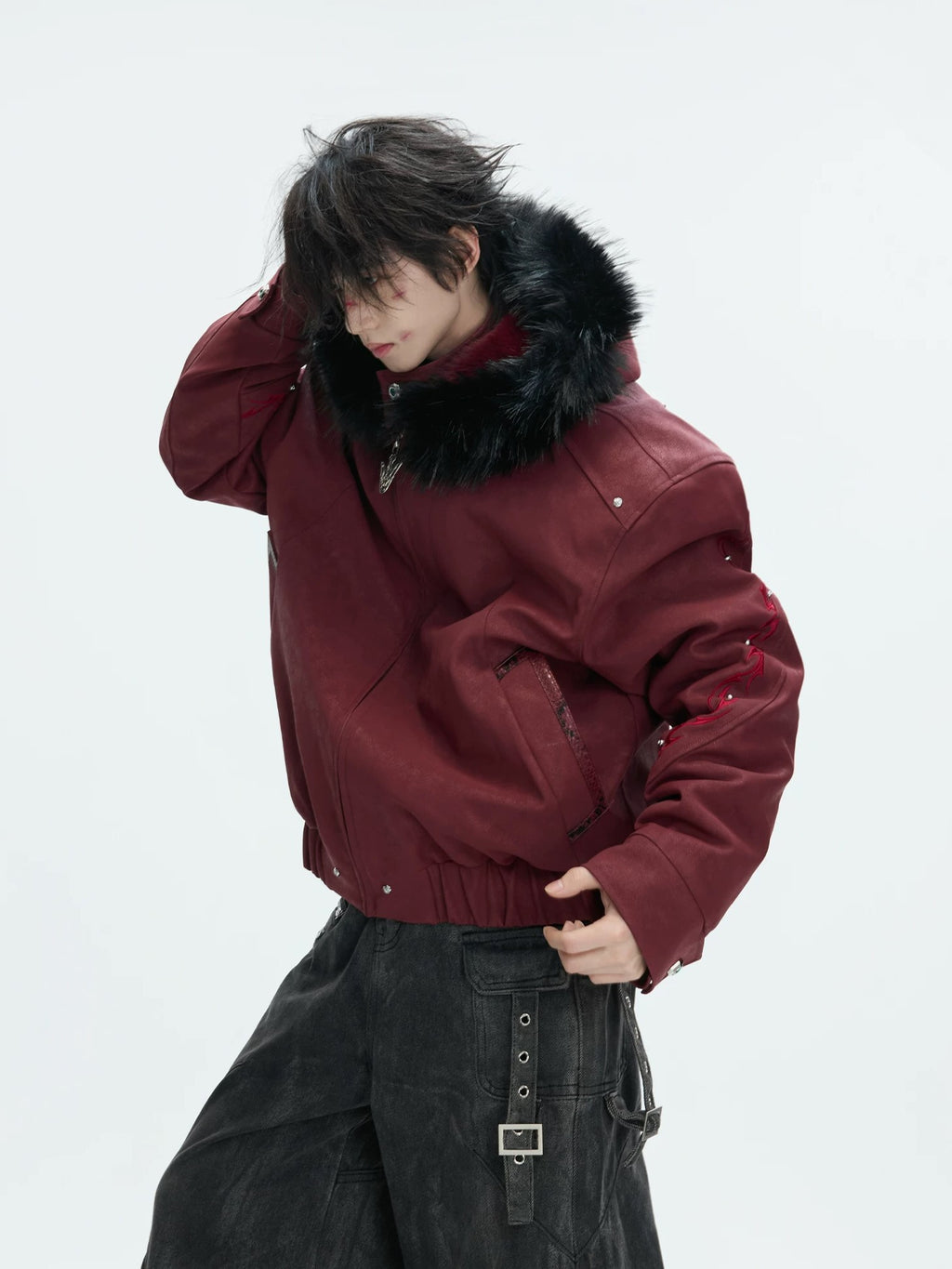 Detachable Fur-Collar Studded Utility Bomber Jacket