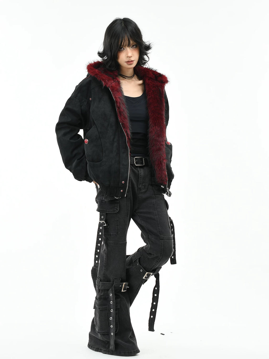 Fur-Trimmed Hooded Suede Utility Bomber Jacket