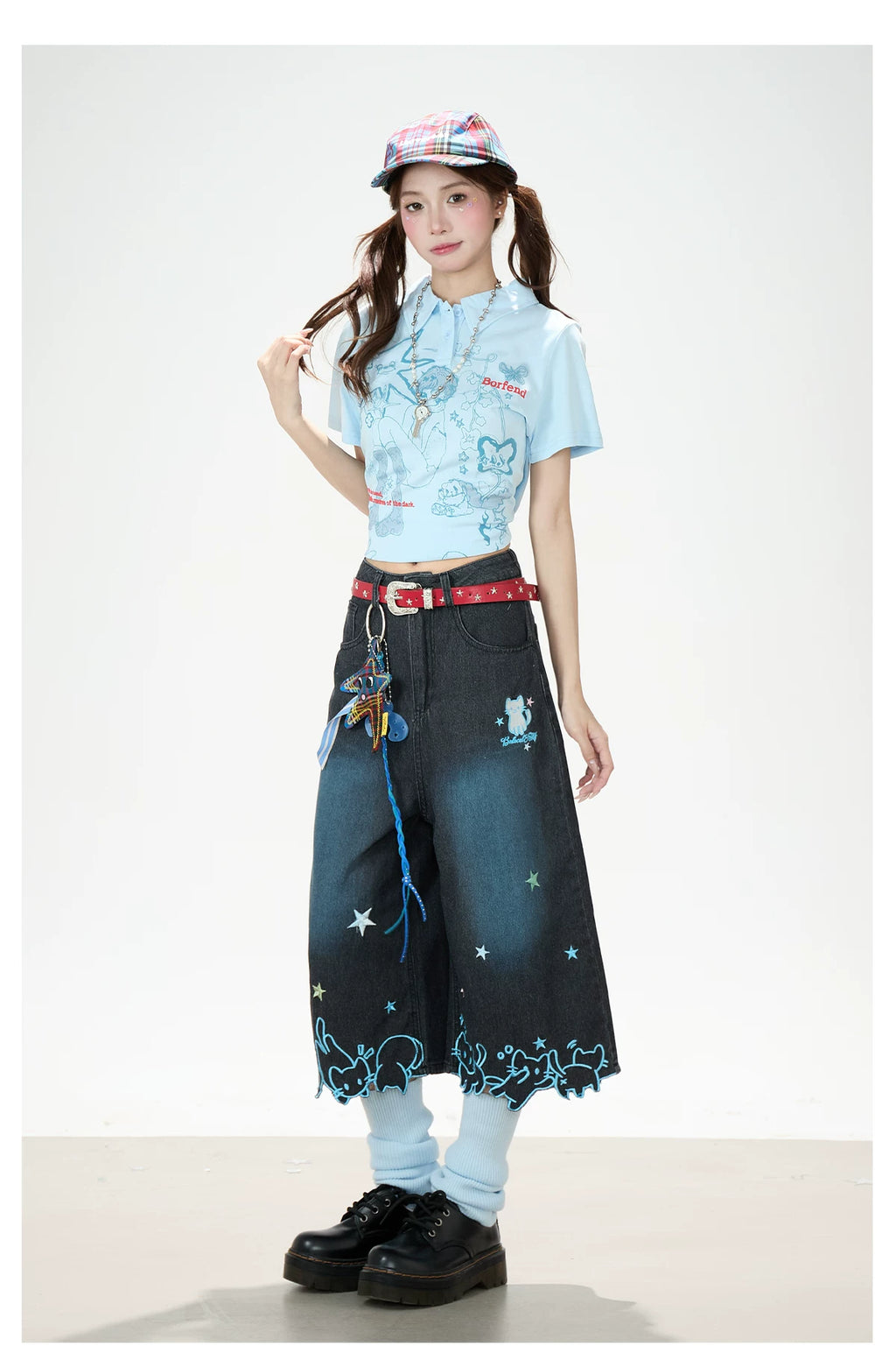 Y2K Harajuku Star & Cat Embroidered Capri Jeans