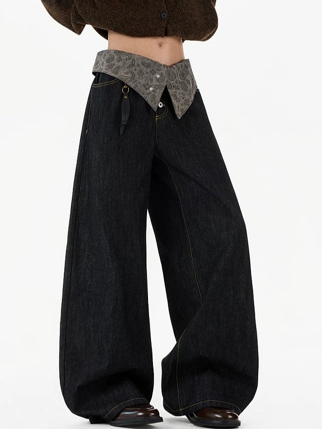 Paisley Bandana Fold-Over Double-Waist Wide-Leg Jeans