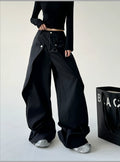 Riveted Diagonal Front-Flap Wide-Leg Trousers