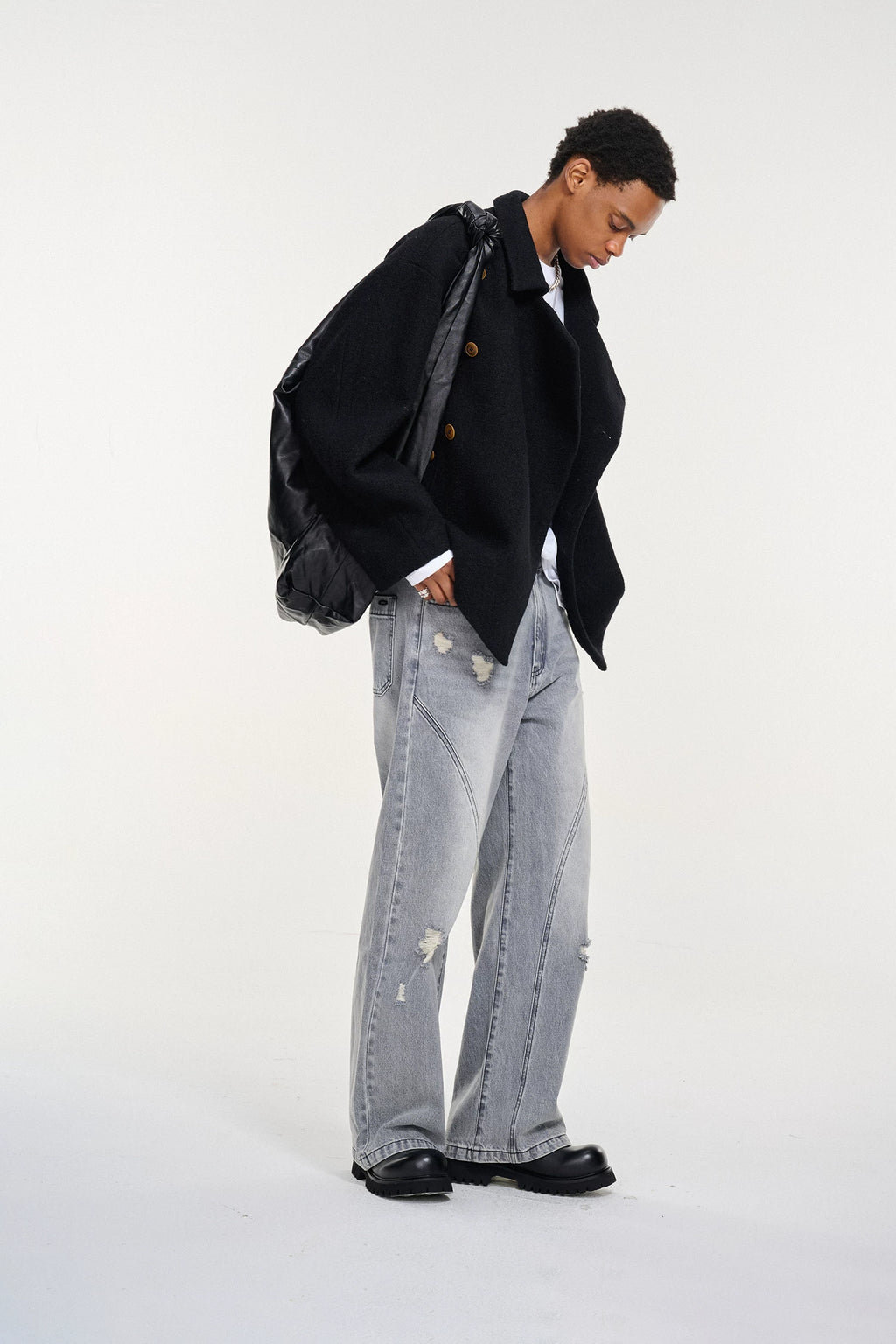 Short Wool-Blend Asymmetric Buttoned Coat