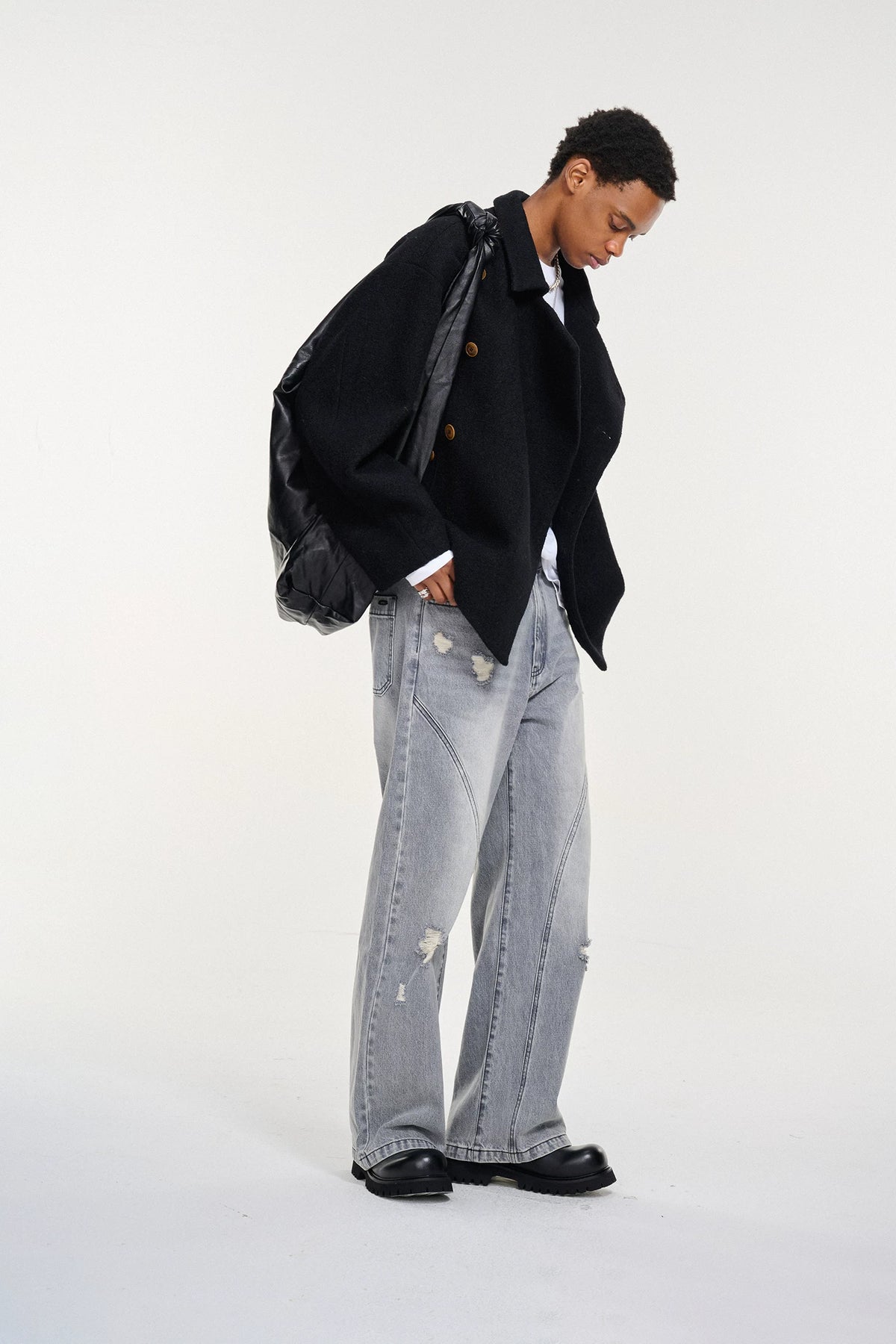 Short Wool-Blend Asymmetric Buttoned Coat