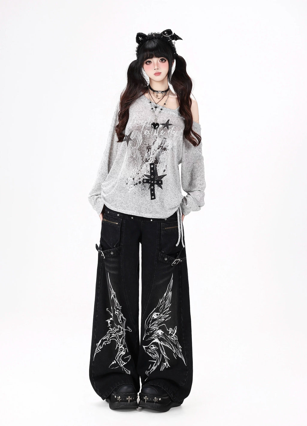 Gothic Cross-Key Graphic Strap-Detailed Cargo Jeans
