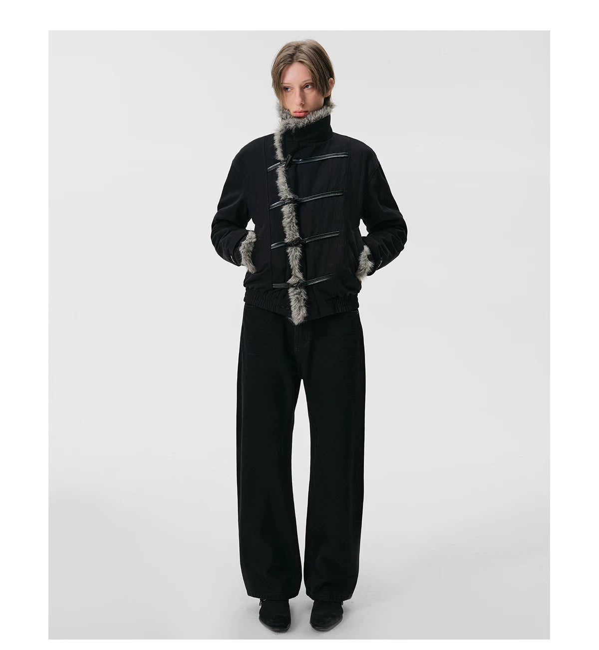 Avant-Garde High-Collar Fur-Lined Toggle Jacket