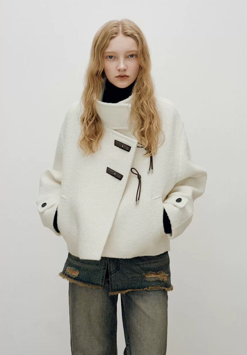 Cropped High-Neck Asymmetric Jacket with Toggle Closures