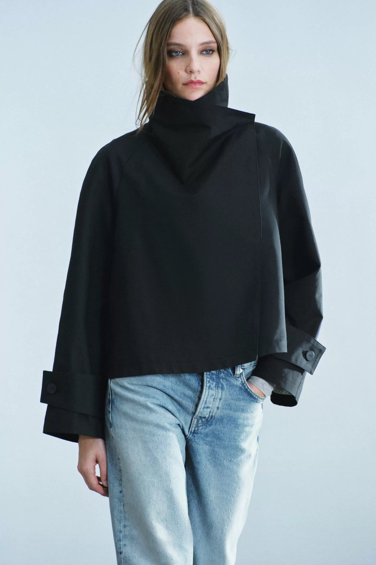 Cropped Asymmetric High-Neck Trench Jacket