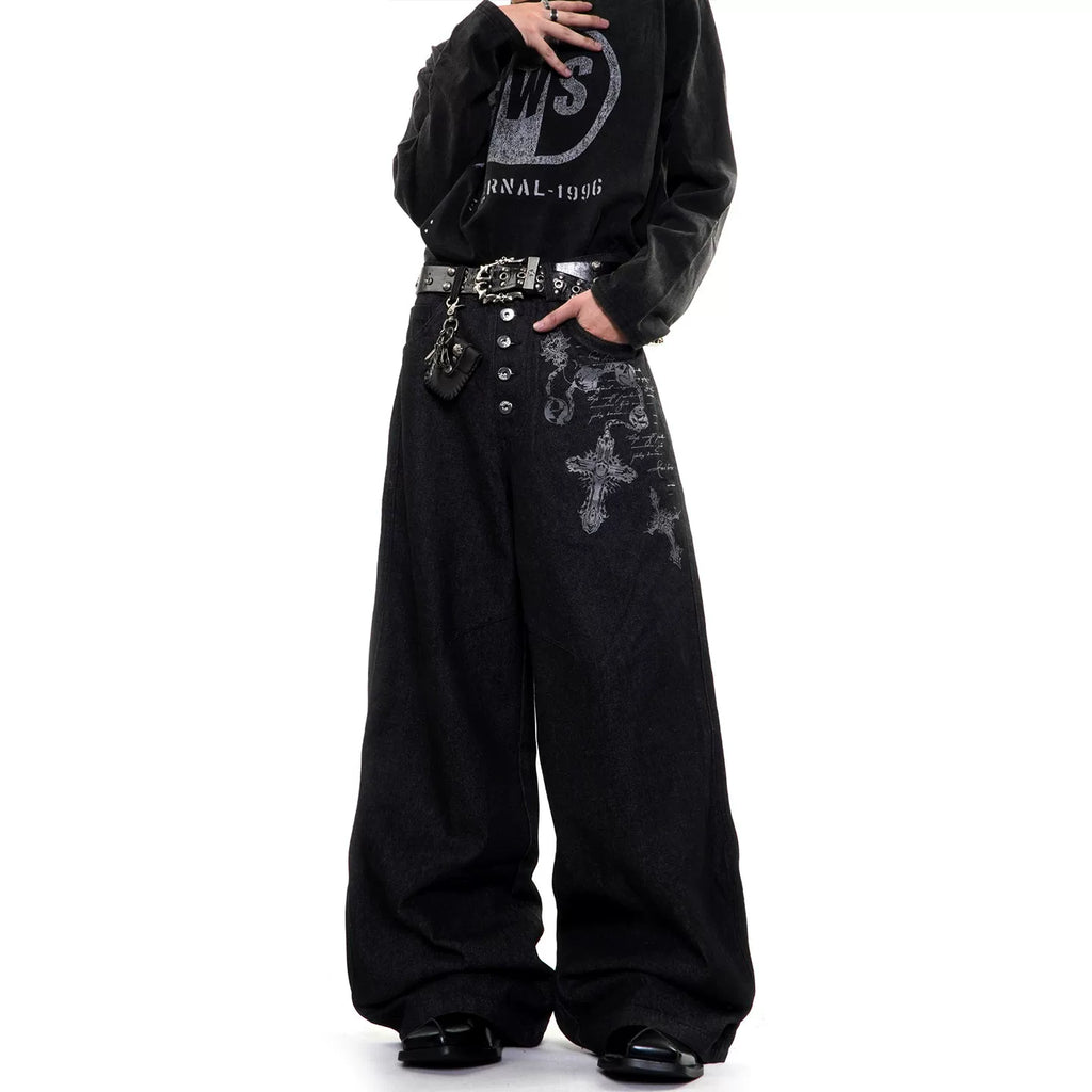 Gothic Cross Wide-Leg Jeans
