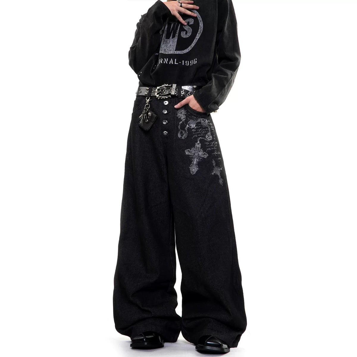 Gothic Cross Wide-Leg Jeans