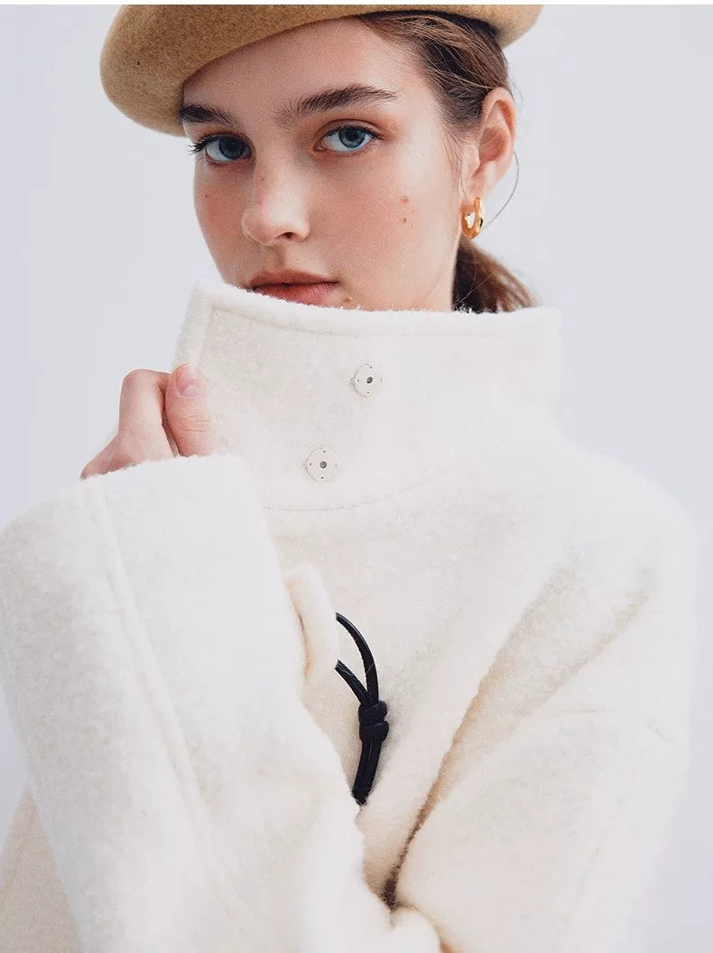 Cropped High-Neck Asymmetric Jacket with Toggle Closures