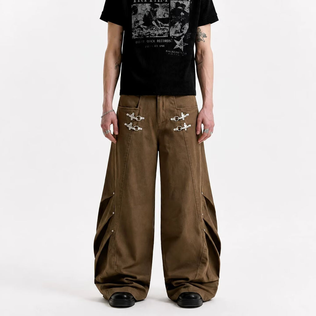 Dual Fireman Clip Riveted Pleated Wide-Leg Trousers