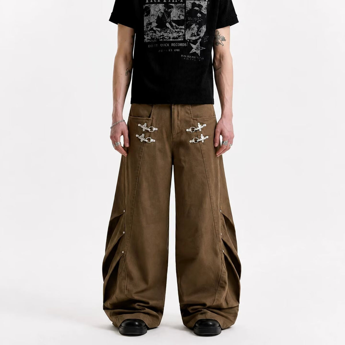 Dual Fireman Clip Riveted Pleated Wide-Leg Trousers