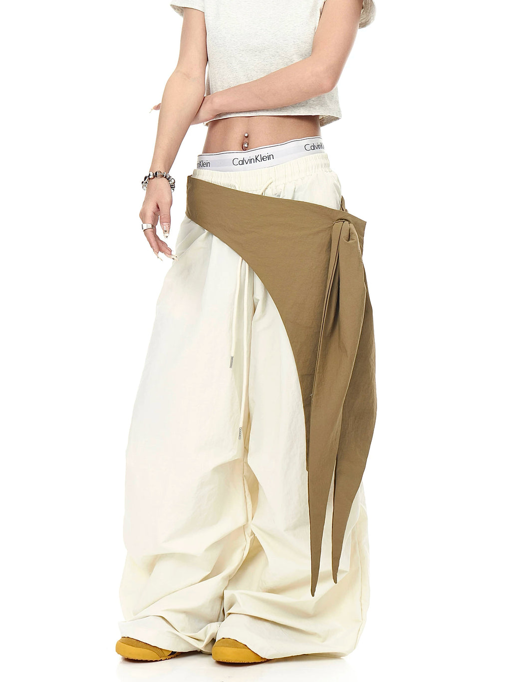 Asymmetric Tie-Waist Contrast-Overlay Trousers
