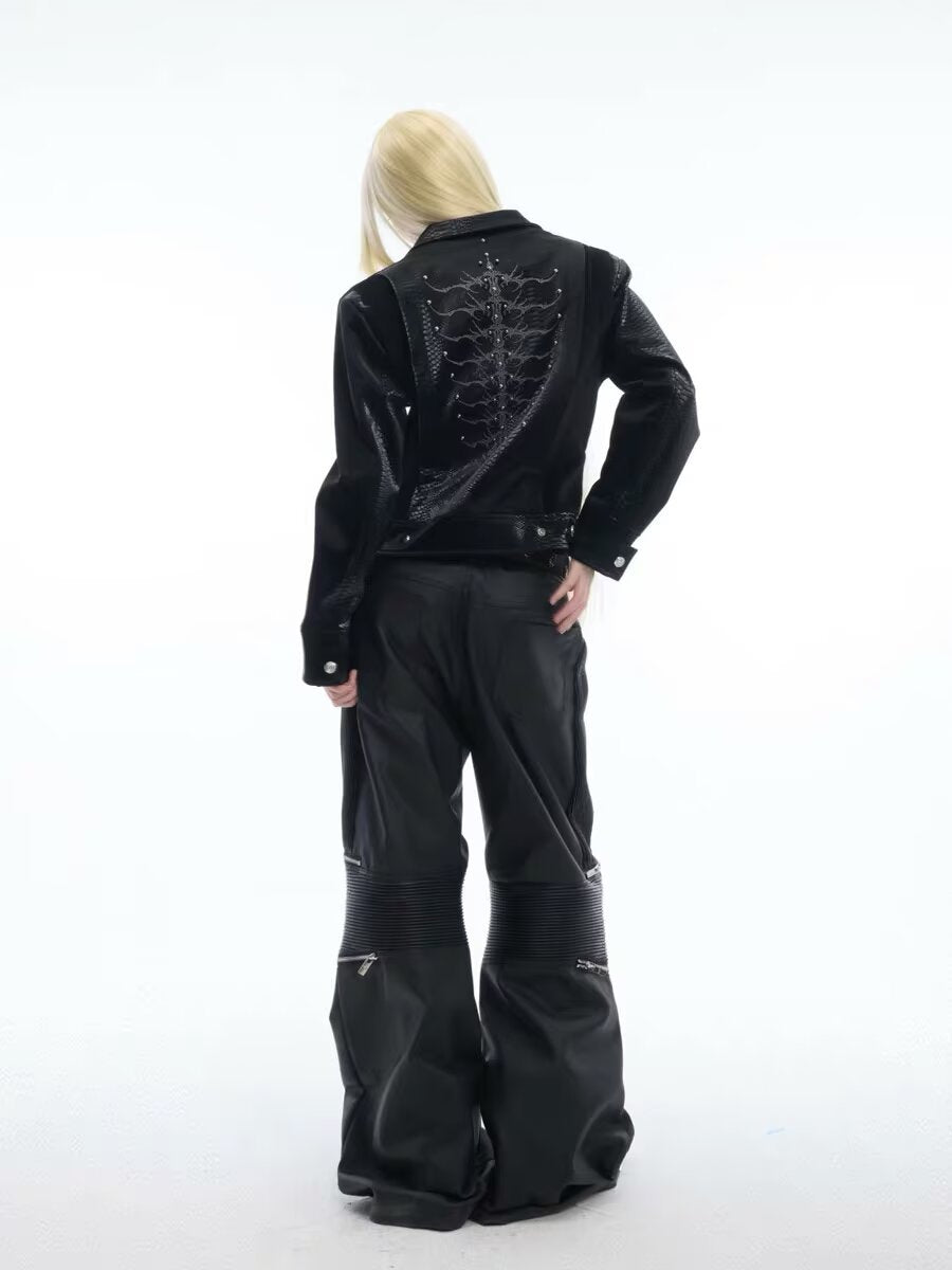 Embroidered Zip-Up Leather Jacket