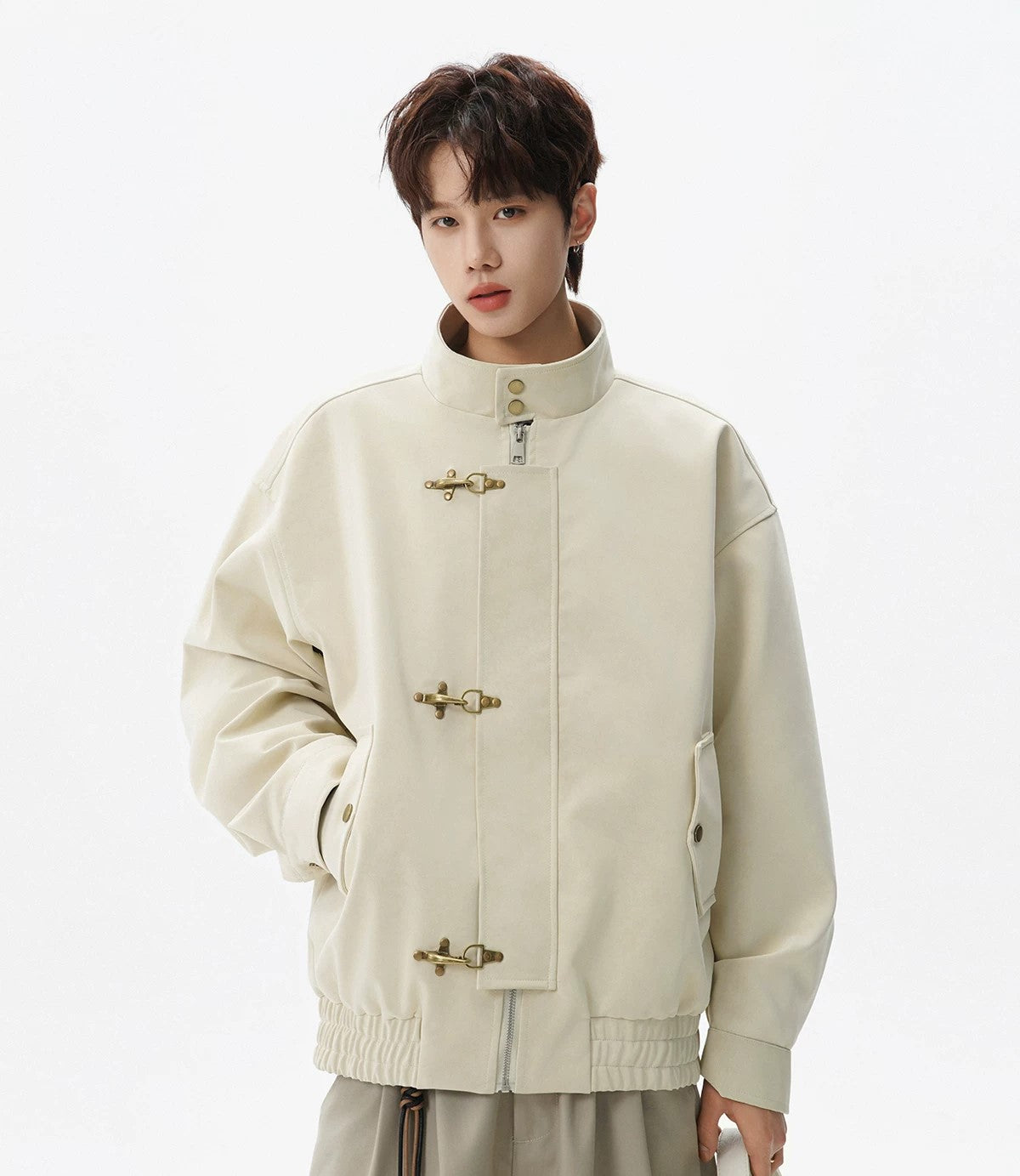 Leather Fireman Clasp Stand-Collar Jacket