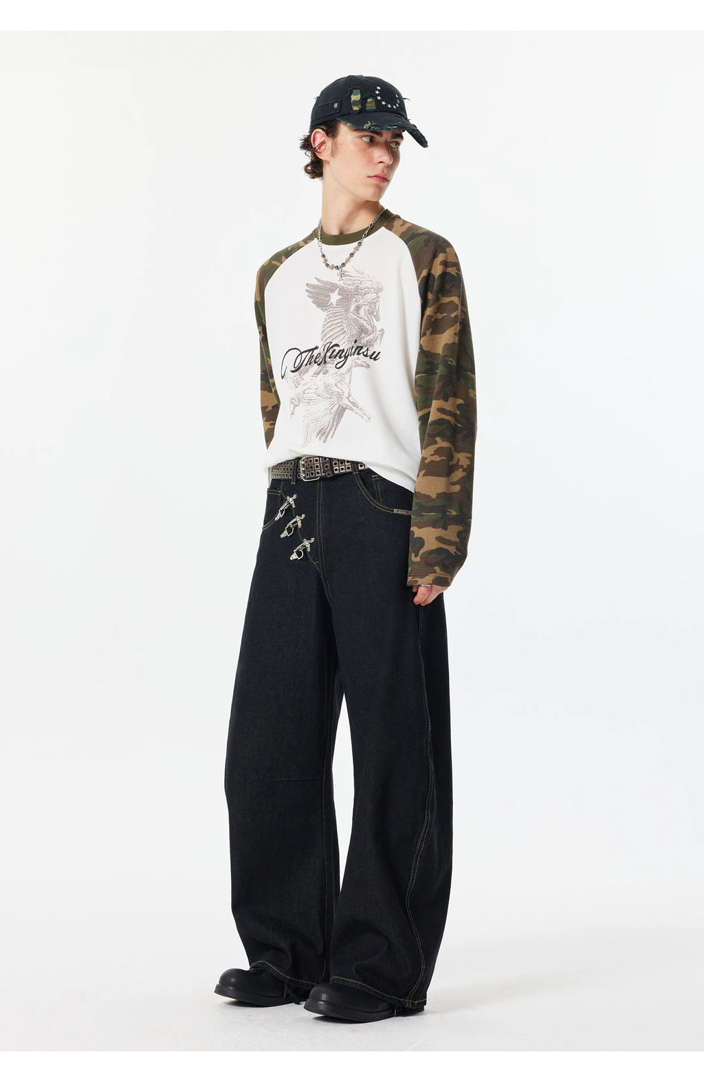 Fireman Clip Asymmetric Wide-Leg Denim Jeans