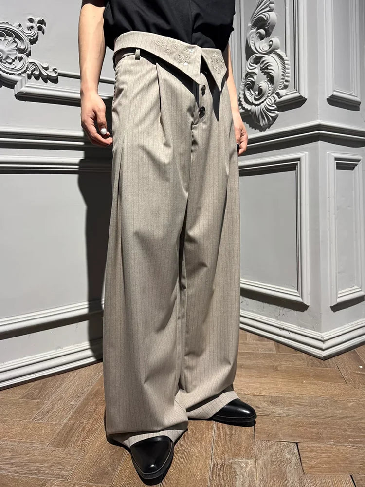 Embroidered Fold-Over Lapel Pinstripe Wide-Leg Trousers